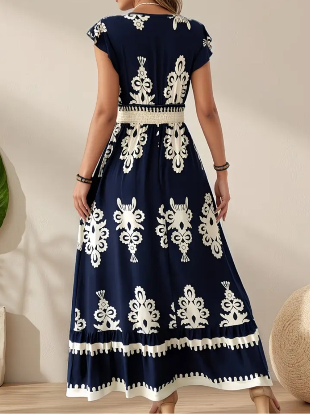 BOHO Style Navy Blue & Cream Maxi Dress - Picture 2 of 6